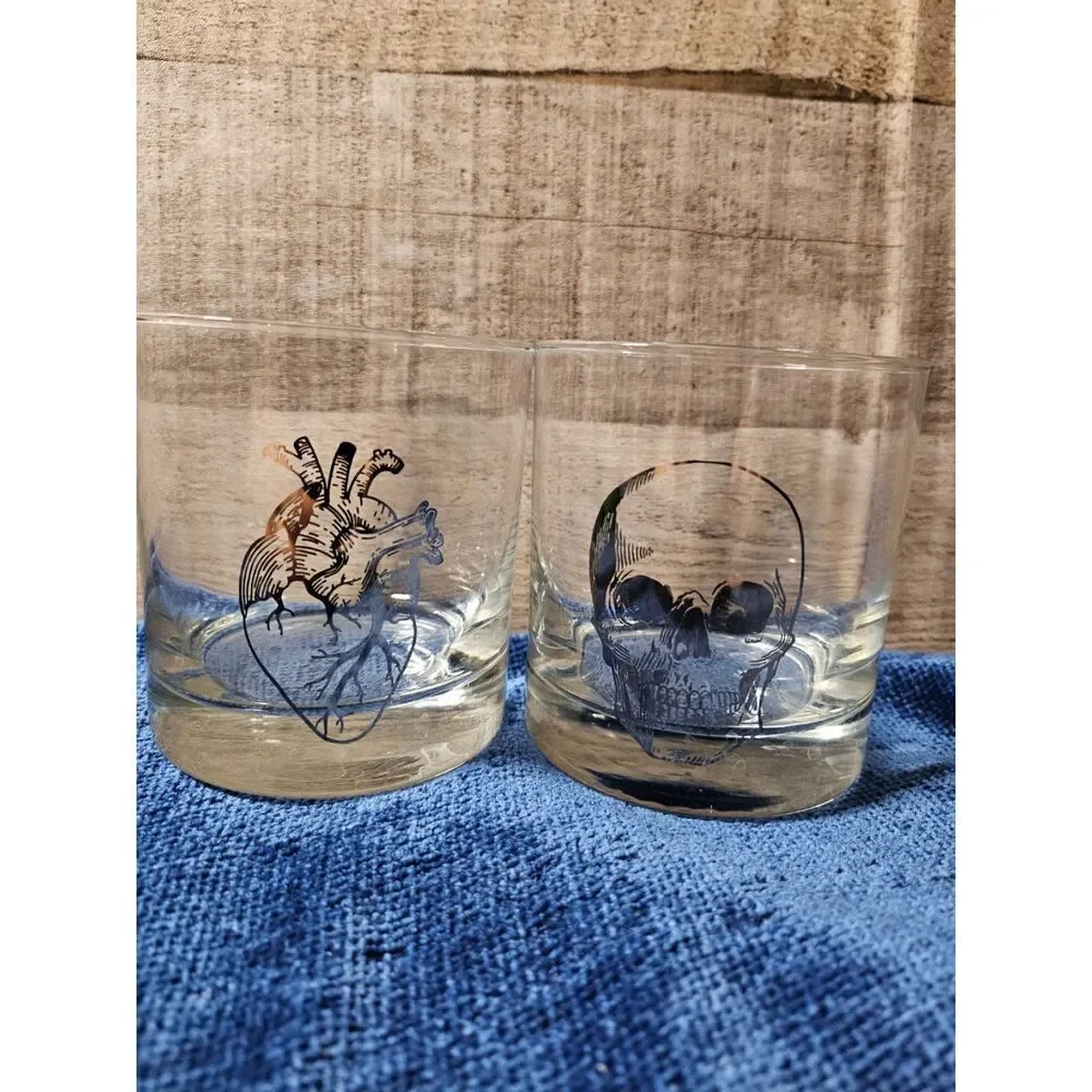 Silver Anatomical Heart Human Skull Whiskey Drinking Glasses